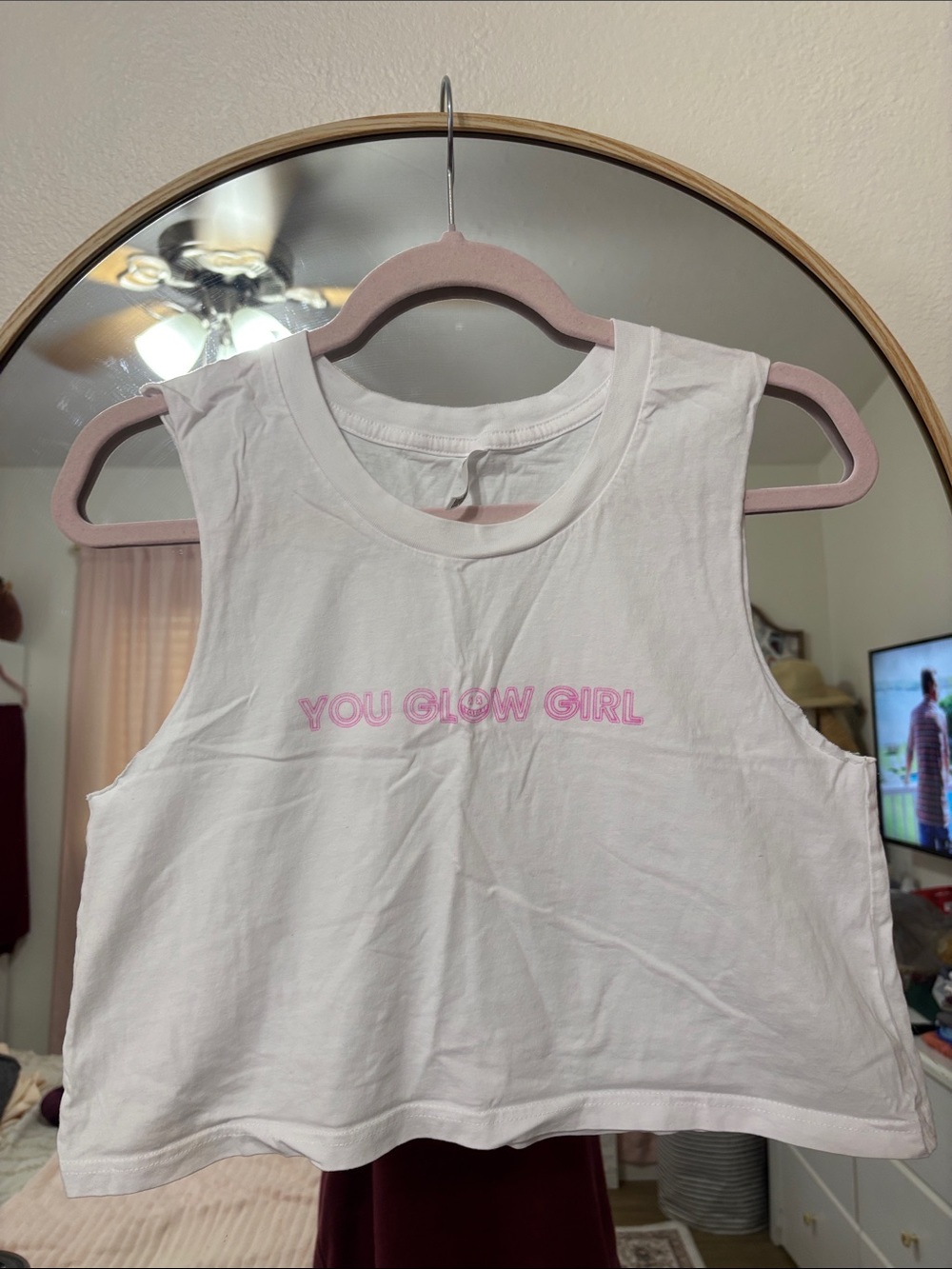 White Cropped Tank Top with Pink 'You Glow Girl' Text